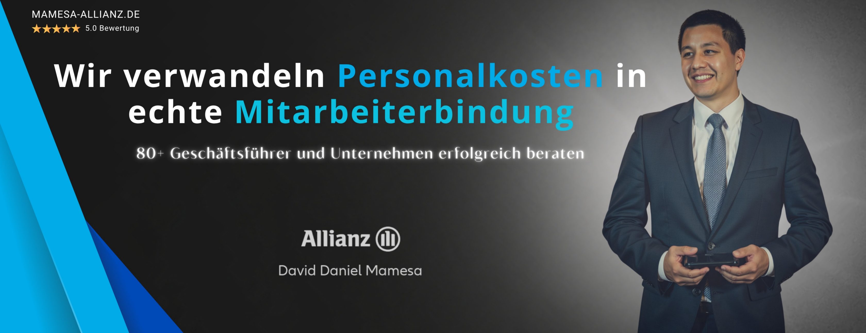 Allianz Versicherung David Daniel Mamesa Berlin - Mamesa im Anzug mit Smartphone Allianz-Werbung bKV