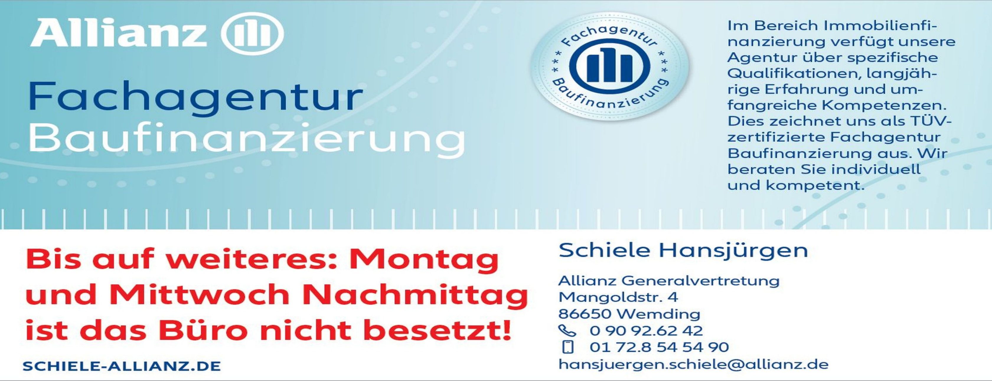 Allianz Versicherung Hansjürgen Schiele Wemding - Fachagentur Baufinanzierung in Wemding