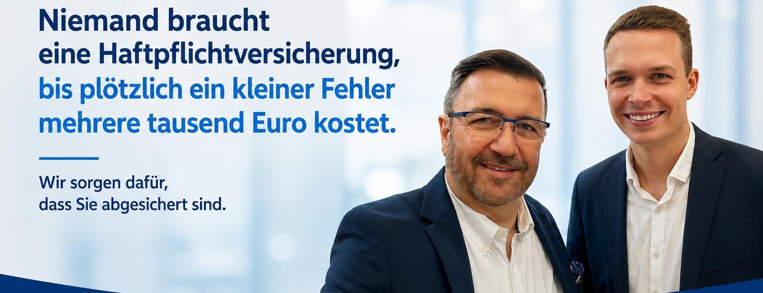 Allianz Versicherung Uwe Jacob Forst Lausitz - Zwei lächelnde Männer im Anzug sind zu sehen. Links steht der Slogan: „Niemand braucht eine Haftpflichtversicherung, bis plötzlich ein kleiner Fehler mehrere tausend Euro kostet.“ Unten: Allianz Generalvertretung Uwe Jacob mit Allianz