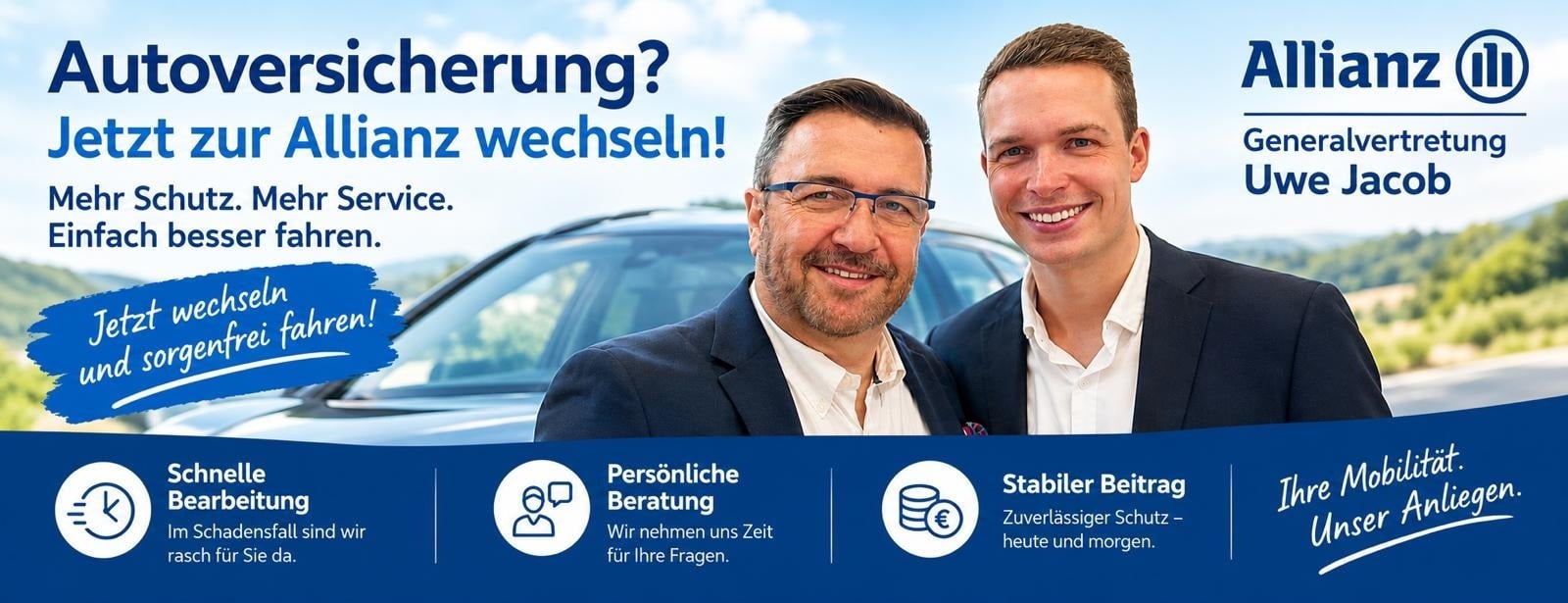 Allianz Versicherung Uwe Jacob Forst Lausitz - Zwei lächelnde Männer im Anzug sind zu sehen. Links steht der Slogan: „Autoversicherung? Jetzt zur Allianz wechseln!“ Unten stehen die Vorteile.